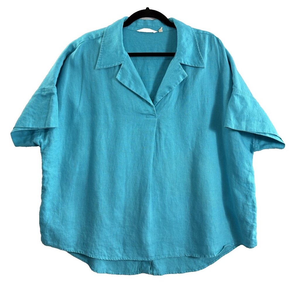 SOFT SURROUNDINGS Women Linen Short Sleeve Button Accents‎ Tunic Sz 2x Blue 21-4